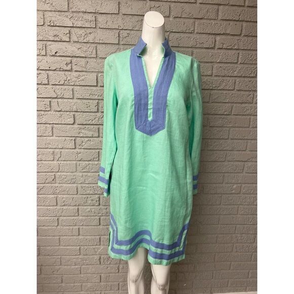 Sail To Sable Women Preppy Blue Mint Green Linen Tunic Dress Size S - Picture 1 of 10